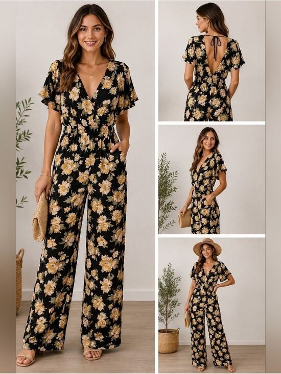 Xhilaration Pants - Xhilaration Floral Wide Leg Jumpsuit Open Back Tassel Tie Size Medium NWT